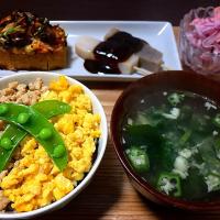 ⭐️2色丼
⭐️オクラとわかめのスープ
⭐️サラミと玉ねぎのマリネ
⭐️味噌田楽
⭐️厚揚げの千草焼き