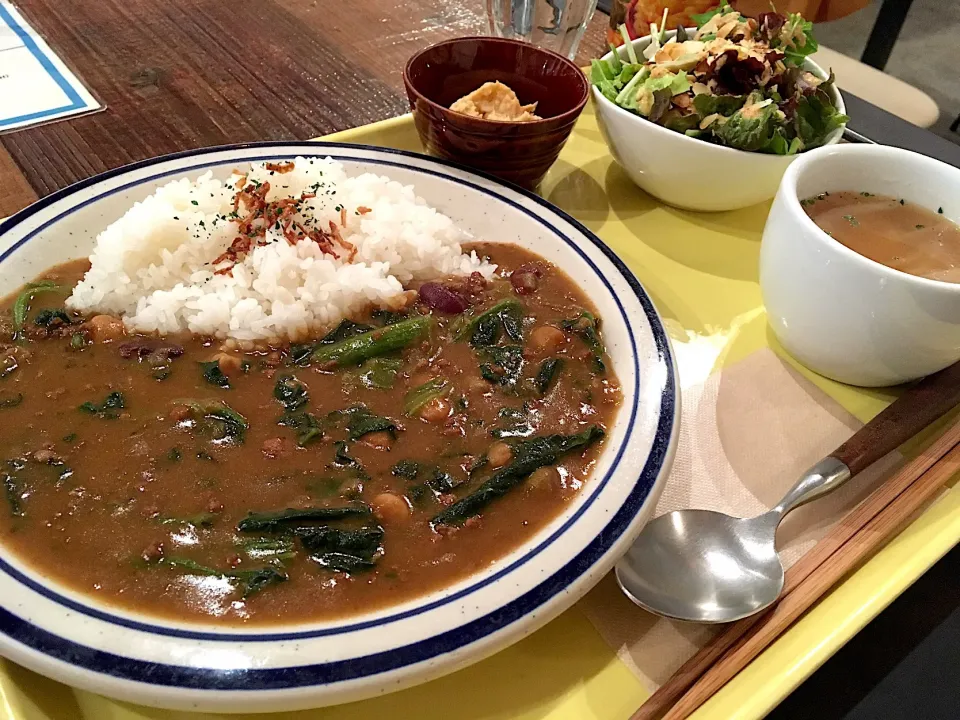 ほうれん草とお豆のひき肉カレーライスLunch Set （サラダ、副菜、スープ、ドリンク付き）|こいちさん