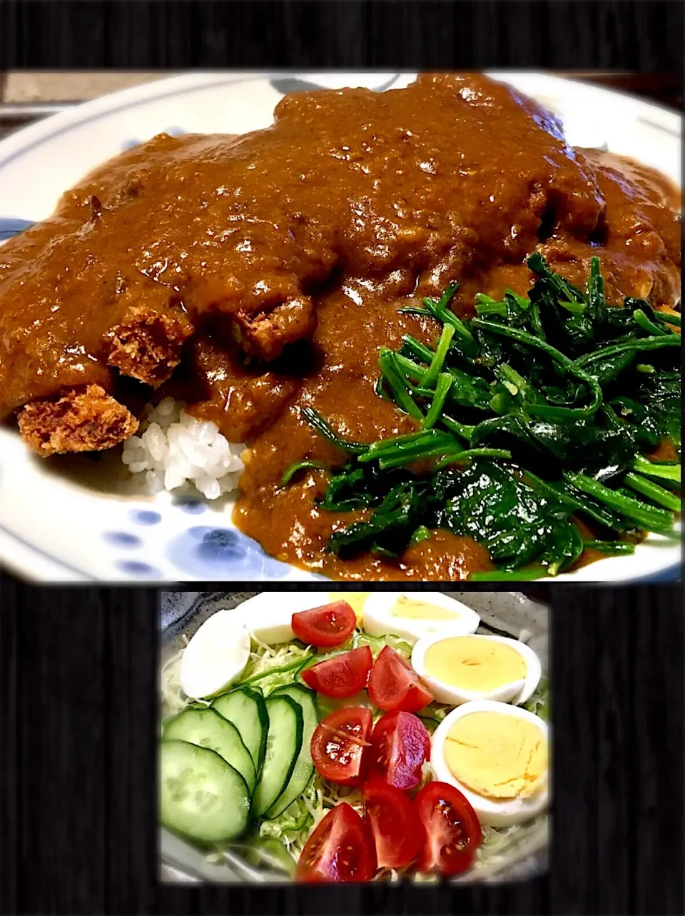 ほうれん草トッピング カツカレー & サラダ
#7色サラダ
#ほうれん草バター炒め|mottomoさん