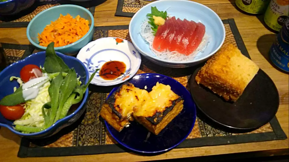 ハトシサンド＆ニンジンしりしり＆カツオの刺身＆厚揚げ|まぐろさん