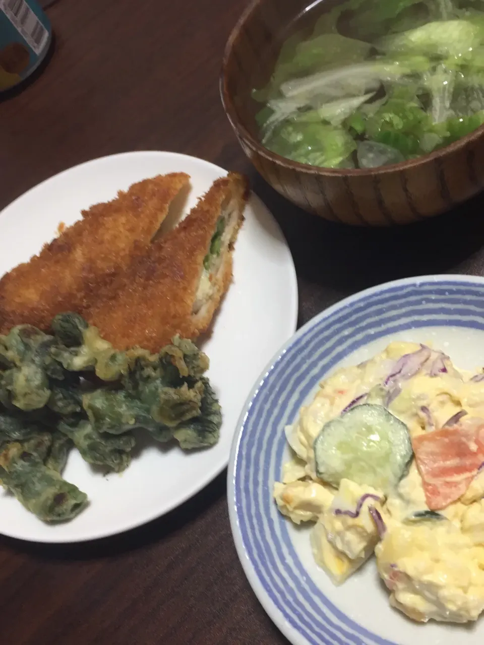 アスパラ豚肉フライ タラの芽天ぷら レタススープ！|ごはんーさん