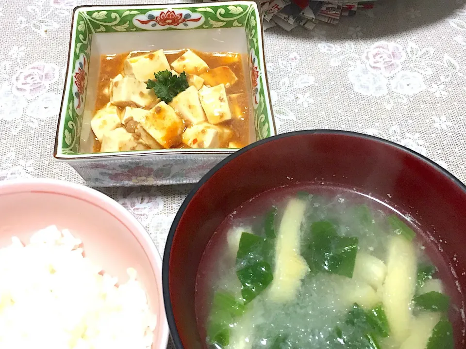 麻婆豆腐、大根おろし・ほうれん草・うすあげのスープ|小鳥さん