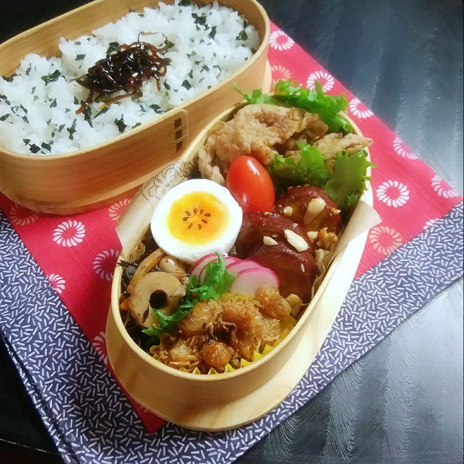 大豆とじゃこの絡め煮、ボンちゃんのキャラメルさつまいもネェ〜ちゃん💪😚🍠✨入り息子弁当🍱|sakurakoさん