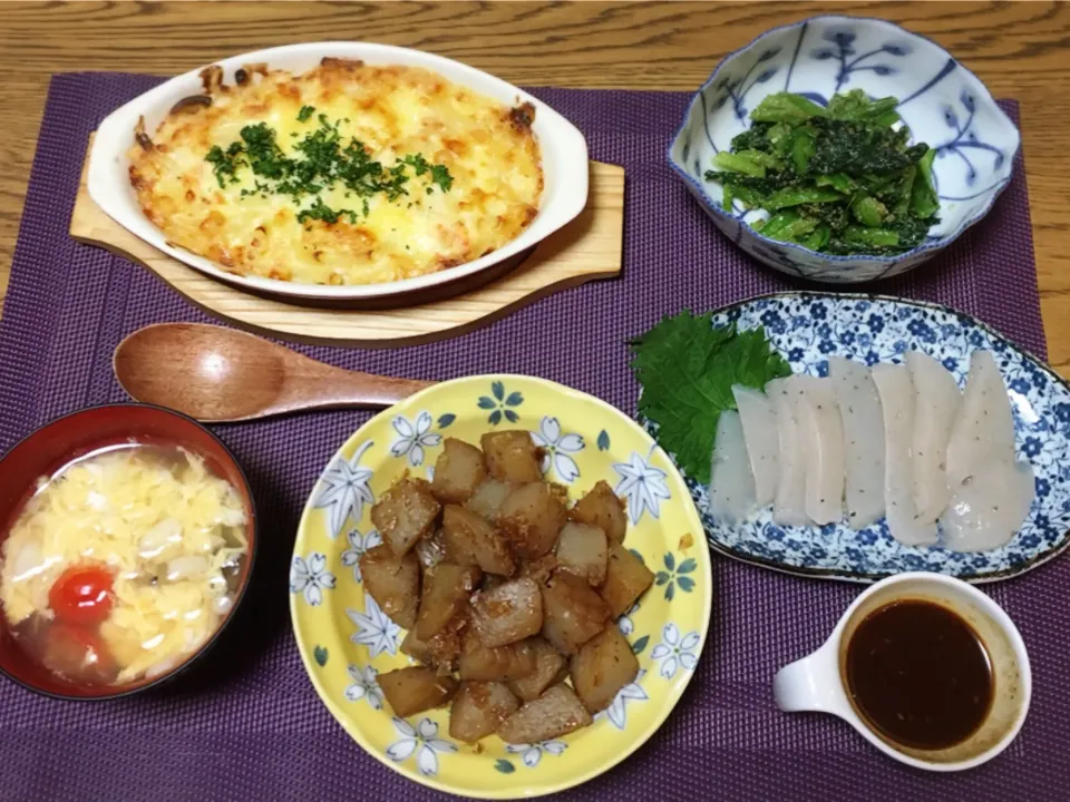 カニグラタン・小松菜の胡麻和え・さしみこんにゃく・辛子酢味噌・おかかこんにゃく・かきたまスープ|美也子さん