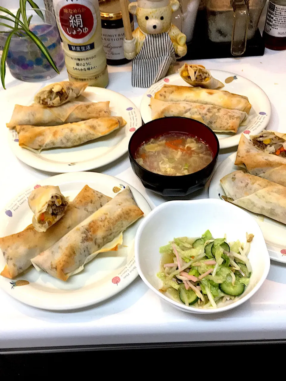 コロッケ春巻き
モヤシのサラダ🥗
中華風玉子スープ|けもさん