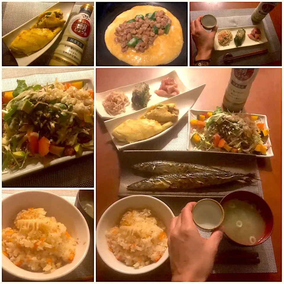 Snapdishの料理写真:Today‘s Dinner🍴前菜･25品目ｻﾗﾀﾞ･大和芋入り納豆ｵﾑﾚﾂ･秋刀魚の塩焼き･筍おこわ･めかぶのお味噌汁|🌈Ami🍻さん