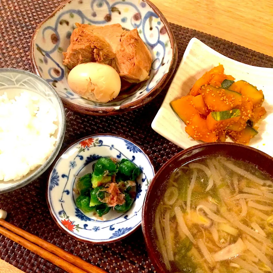 晩ご飯：残り物＋芽キャベツおひたし・かぼちゃ甘辛炒め|ゆうこさん