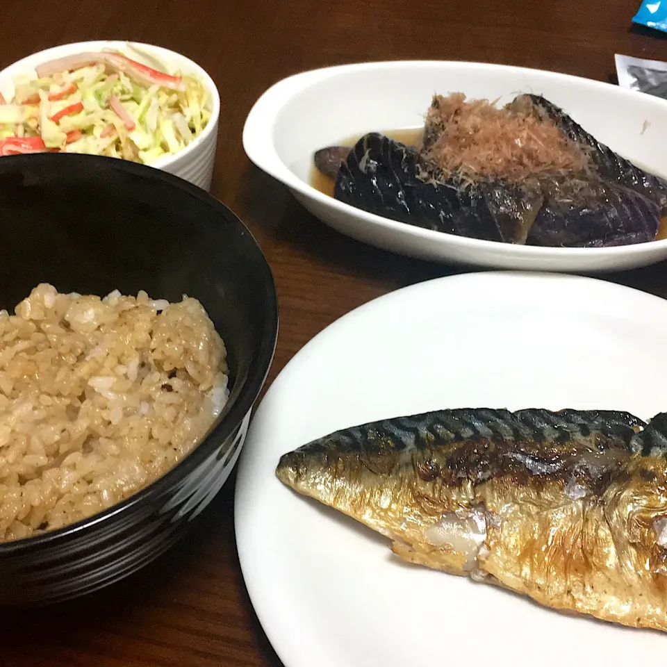 晩ごはん
牛ごぼう混ぜご飯(素使用)、焼き塩鯖、茄子の煮浸し、キャベツとカニカマのサラダ|星猫さん