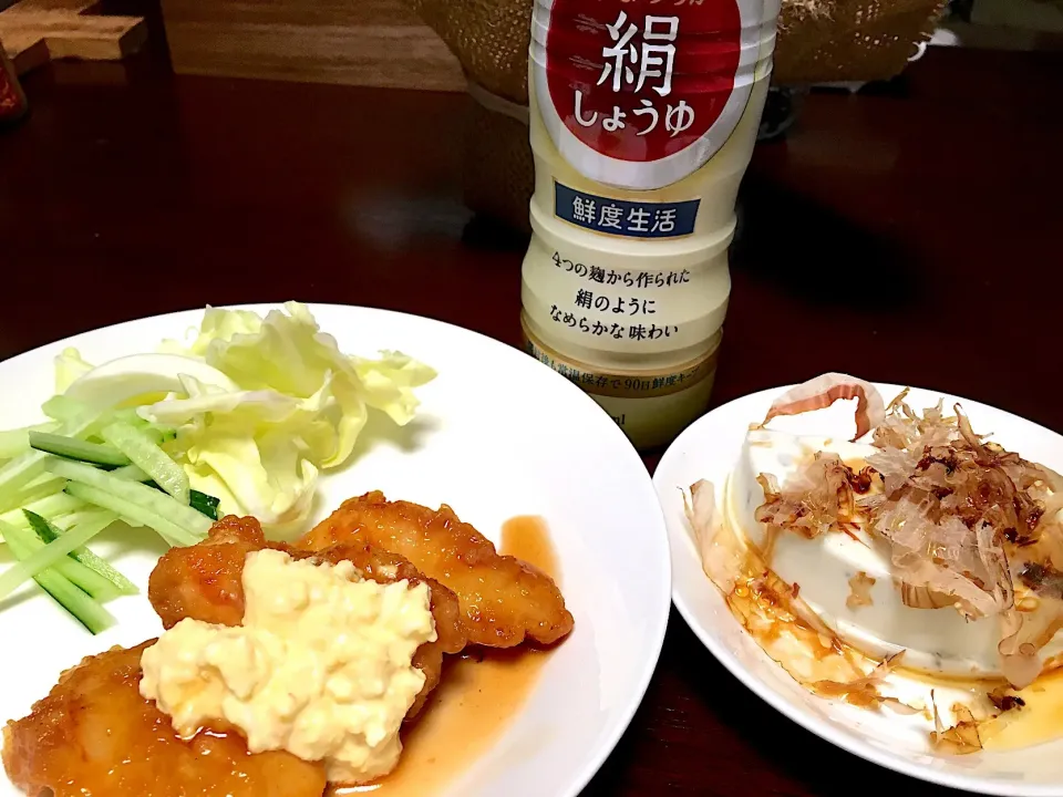 絹しょうゆで枝豆豆腐とチキン南蛮の晩ご飯。|Chiharuさん