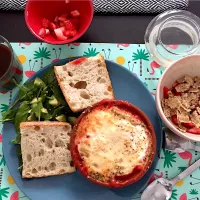 Snapdishの料理写真:Eggs with tomato sauce,rocket salad. Cereals with soy milk. Now I can start my workday! 💪🏽|Natalia Rodriguezさん