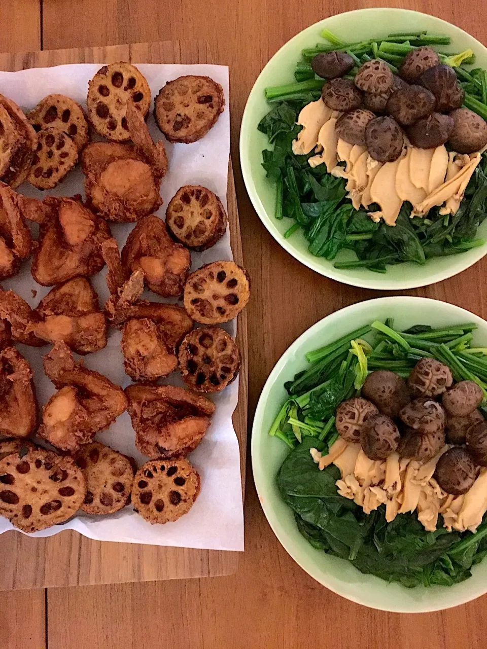 Har Cheong Kai with fried lotus root and spinach with abalone and mushrooms|karen limさん