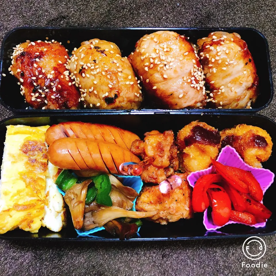 肉巻き弁当
 #お弁当  #初心者   #彼氏  #ボリューム  #卵焼き  #唐揚げ  #肉巻きおにぎり|Erさん