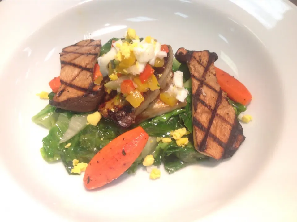 Grilled Mackerel with Ravigote Sauce,wilted Escarole,Grilled Kingoyster Mushrooms,Roasted Carrots 🥕!|Chihiro Kさん