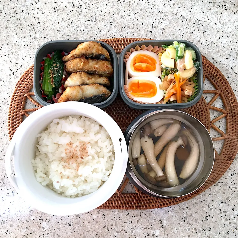 鰆カレー焼き、ほうれん草胡麻、塩味玉、切り干し大根、ツナマカロニサラダ、しめじと豆腐とワカメのおすまし|しーさん