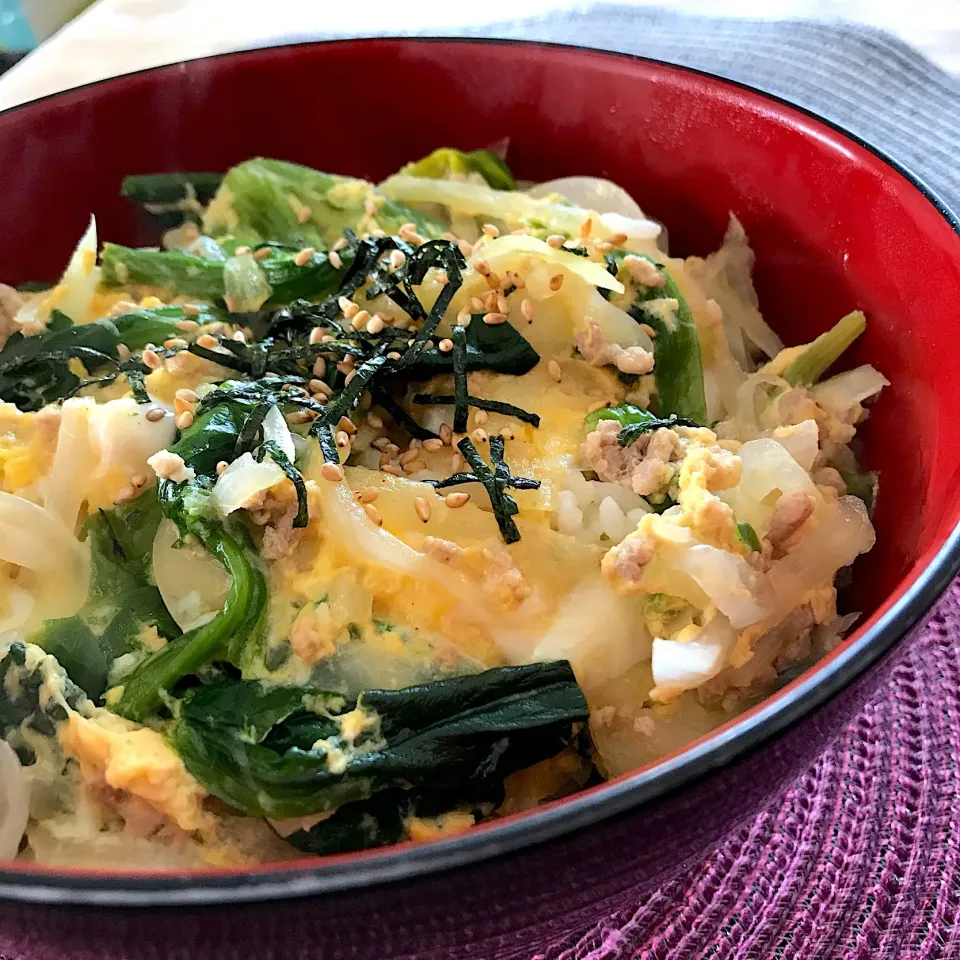 今日は自宅でお昼ごはん🍚 ふわふわ とろとろ  鶏そぼろで親子丼🥚ほうれん草も入れてビタミンC強化で風邪予防😊|mokoさん