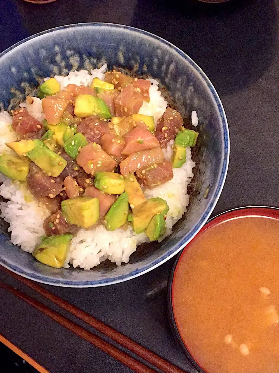 アヒポキ丼 & えのきのお味噌汁|ぺろたんさん