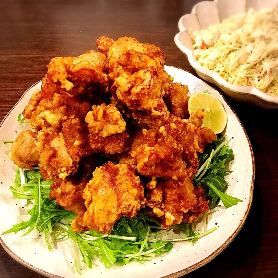 唐揚げ、カレー風味のコールスローサラダ|ともさん