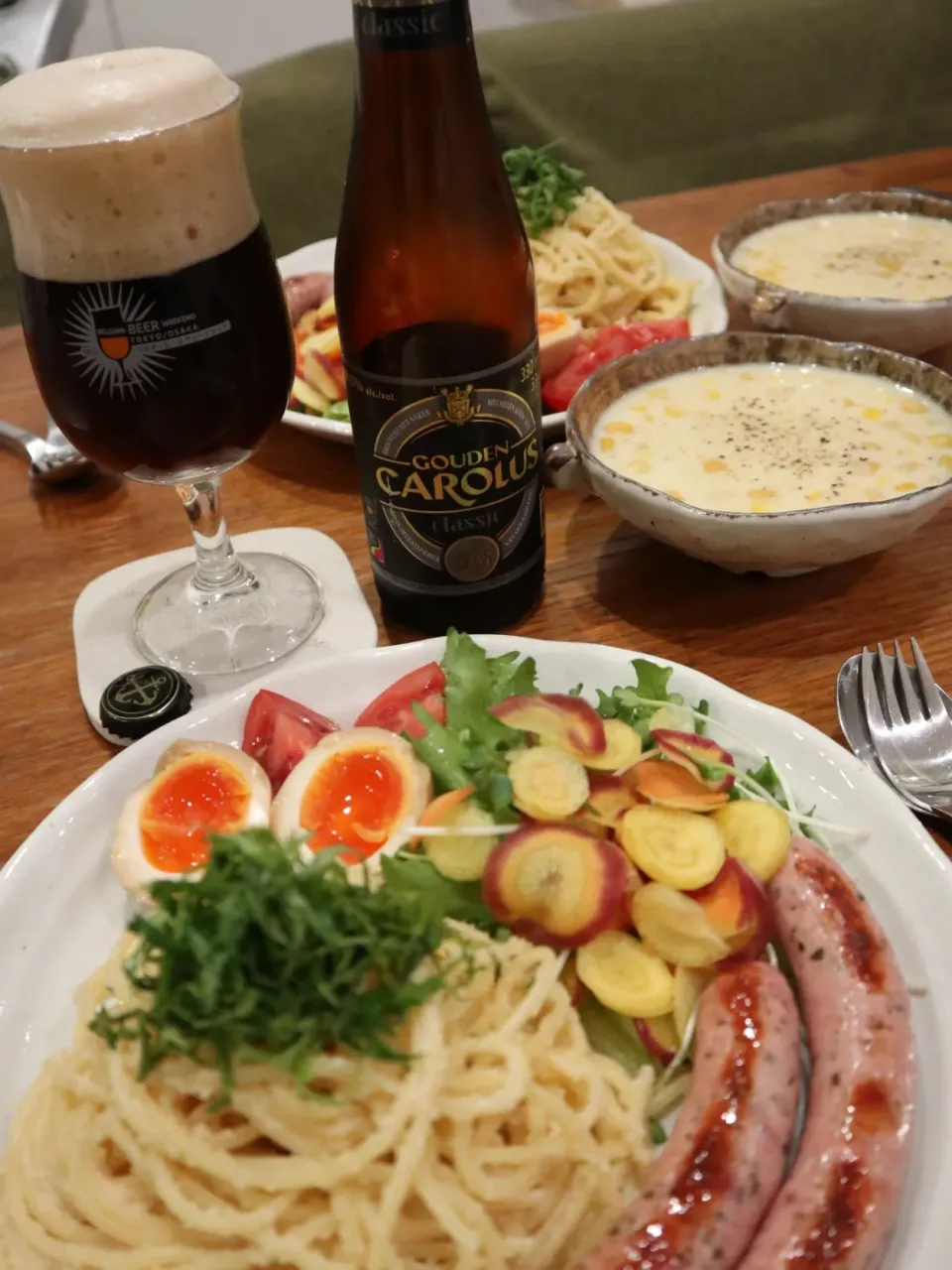 たらこパスタとソーセージ、コーンたっぷりスープ🌽|なかじー。さん