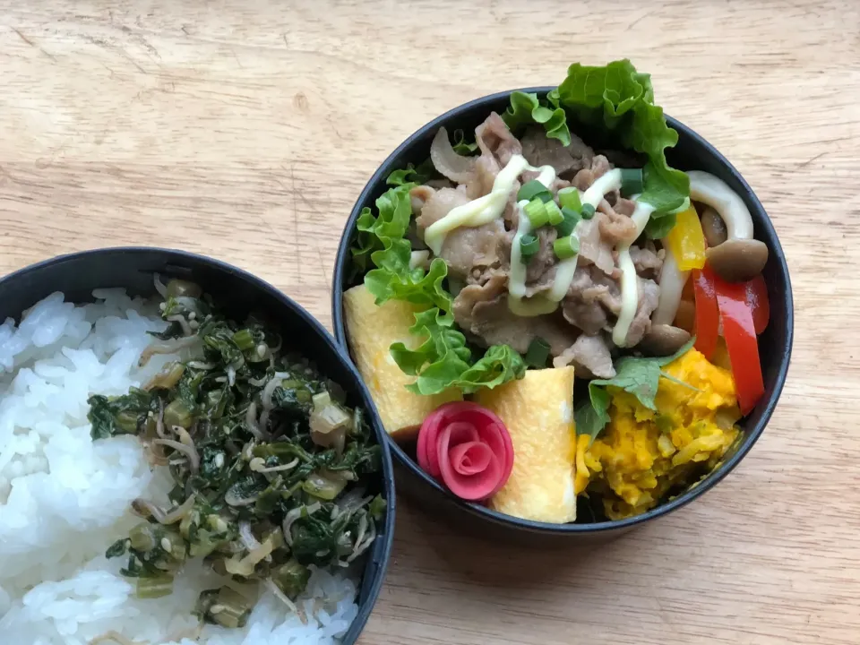 豚のマヨポン焼き 弁当。蕪の葉ふりかけ付き|弁当 備忘録さん