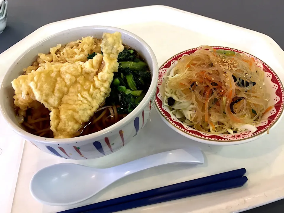 蕎麦、キス天、青菜、揚げ玉、春雨とキャベツのサラダ|Tadahiko Watanabeさん