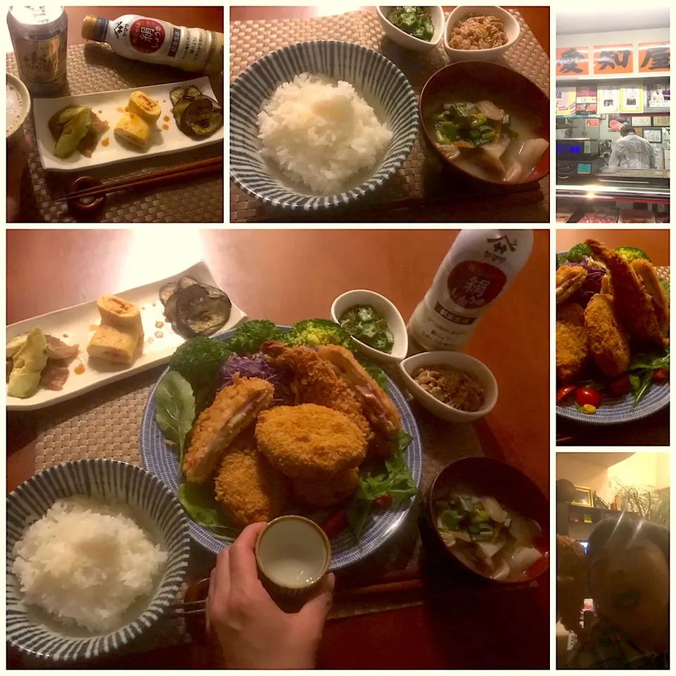 Snapdishの料理写真:Today‘s Dinner🍴 前菜･お肉屋さんのｺﾛｯｹ,海老ﾌﾗｲ,ﾊﾑﾁｰｽﾞﾌﾗｲ･白飯･納豆&胡麻うずらの卵･めかぶ&ｵｸﾗ･豚汁|🌈Ami🍻さん