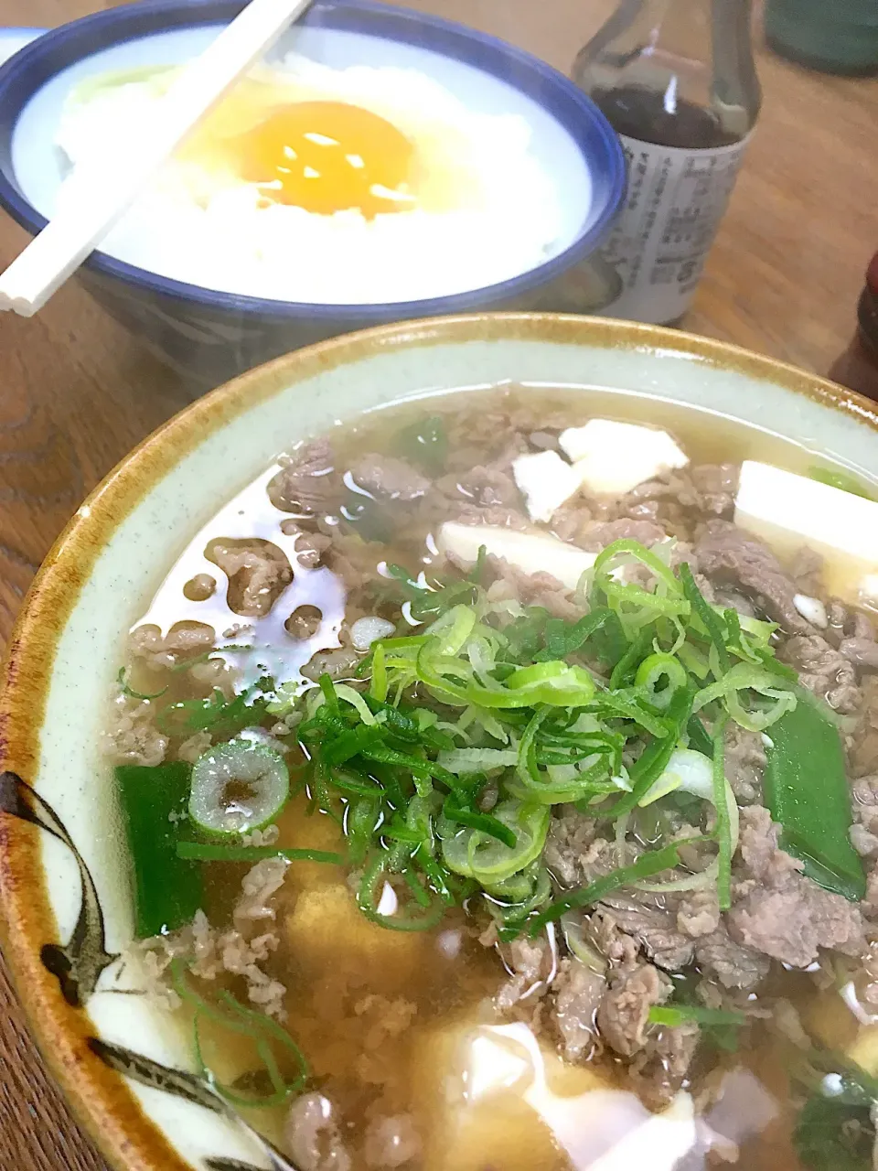 Snapdishの料理写真:大阪2日目〜2️⃣千とせの肉吸い豆腐入りと卵ご飯🥚🍚|さくたえさん