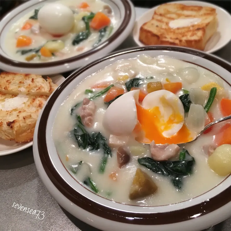 センリ軒風半熟たまご入りクリームシチュー🥄ʕ-̼͡-ʔ🥚トースト付き🍞|七海さん