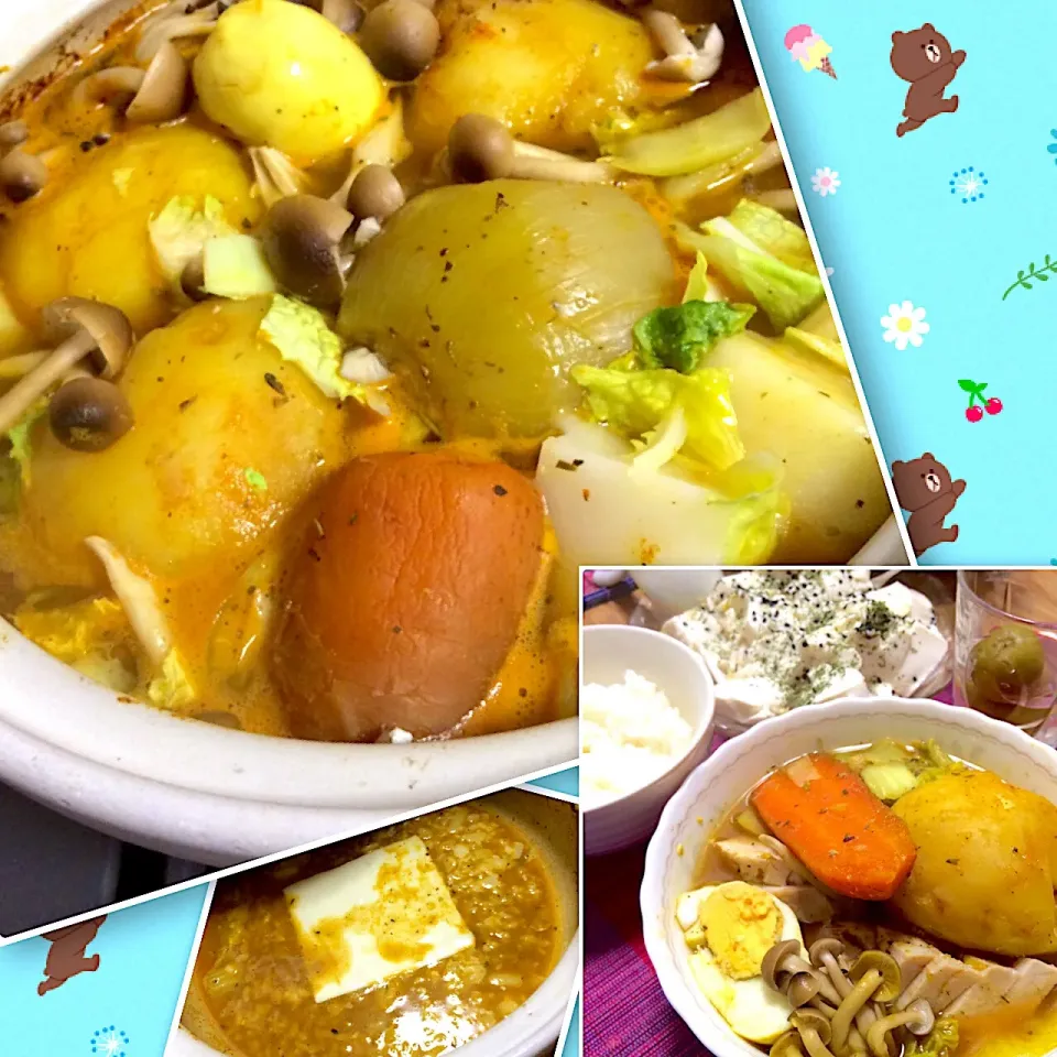 Snapdishの料理写真:2018/02/17 鶏ハム スープカレー(風)鍋 〜シメはチーズリゾット、もやしと豆腐のサラダ|kykyさん