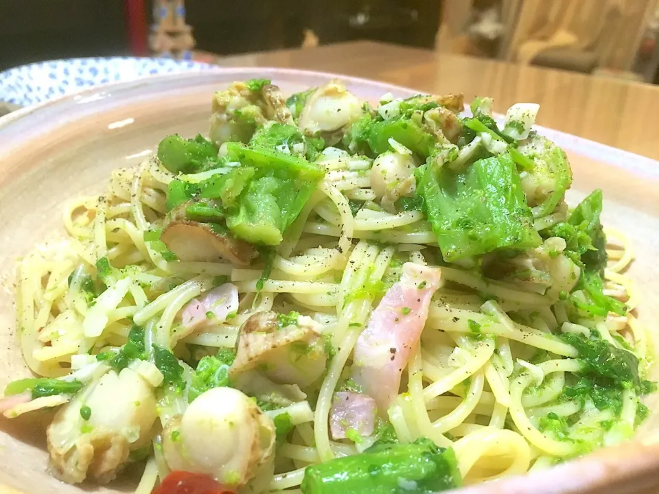 今日のパパパスタ【菜の花とベビーホタテのペペロンチーノ】|不動南平さん