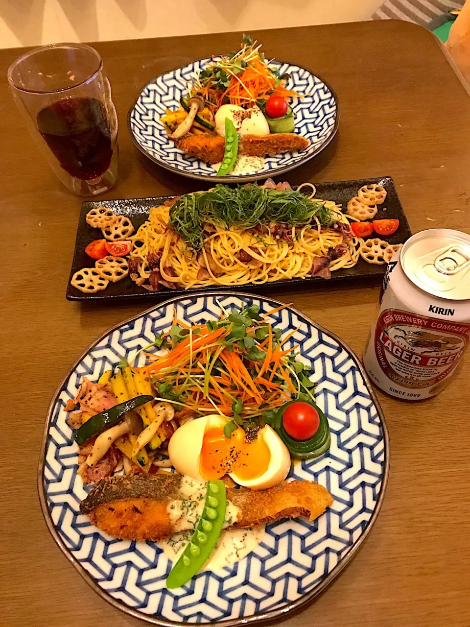 ✾ホタルイカの和風パスタ
✾人参サラダ
✾味付け半熟卵
✾カボチャとしめじ炒め
✾鮭フライ（自家製タルタル）|Nakaba Kobayashiさん