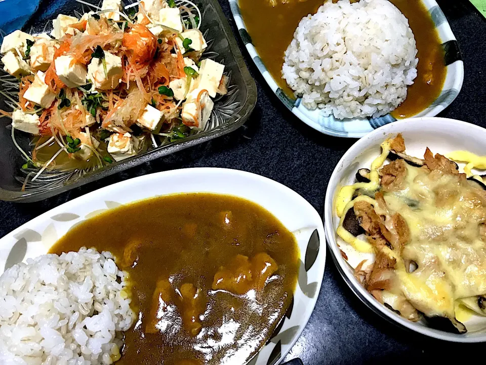 もち麦飯たい平カレーライス、豆腐大根人参カイワレ大根サラダ、まぐろ缶山芋カブ椎茸チーズ焼き|ms903さん