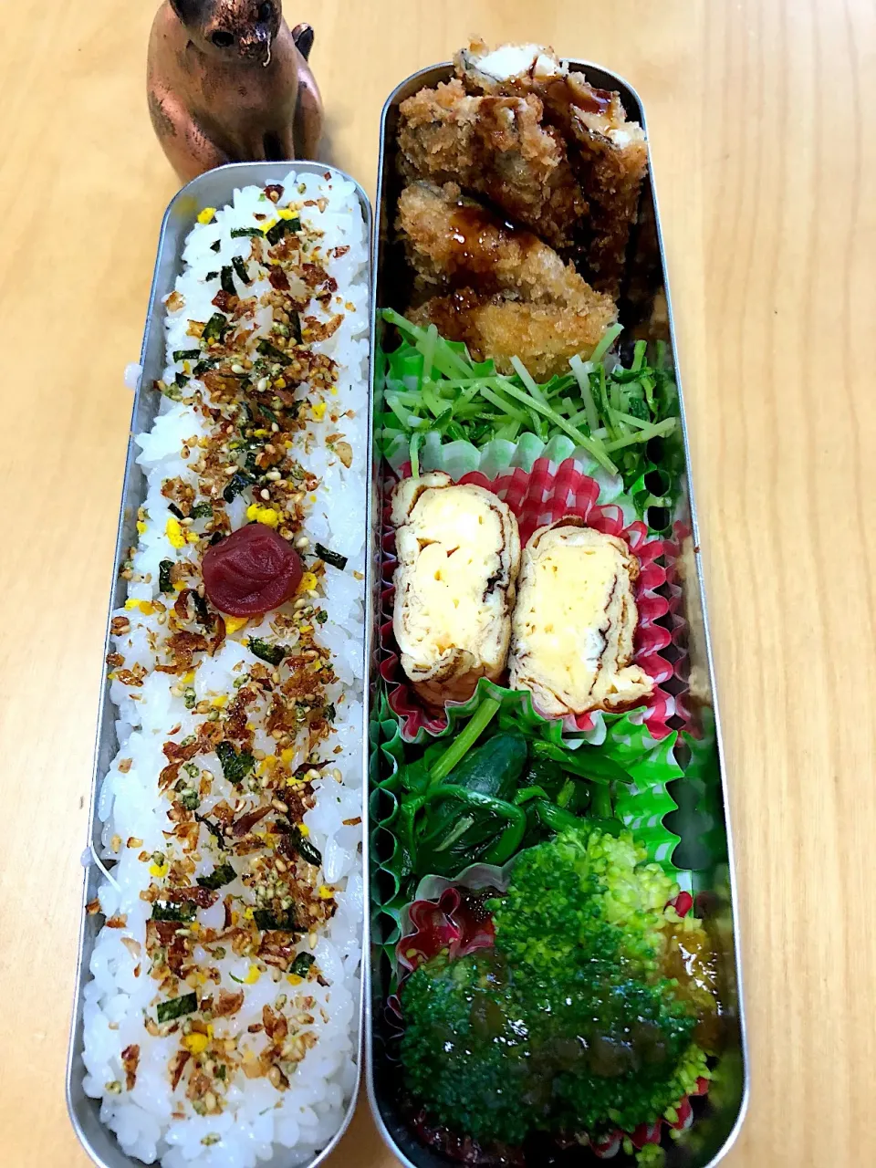 アジフライ 卵焼き ほうれん草おひたし豆苗炒め ブロッコリー🥦弁当。|Kumiko Kimuraさん