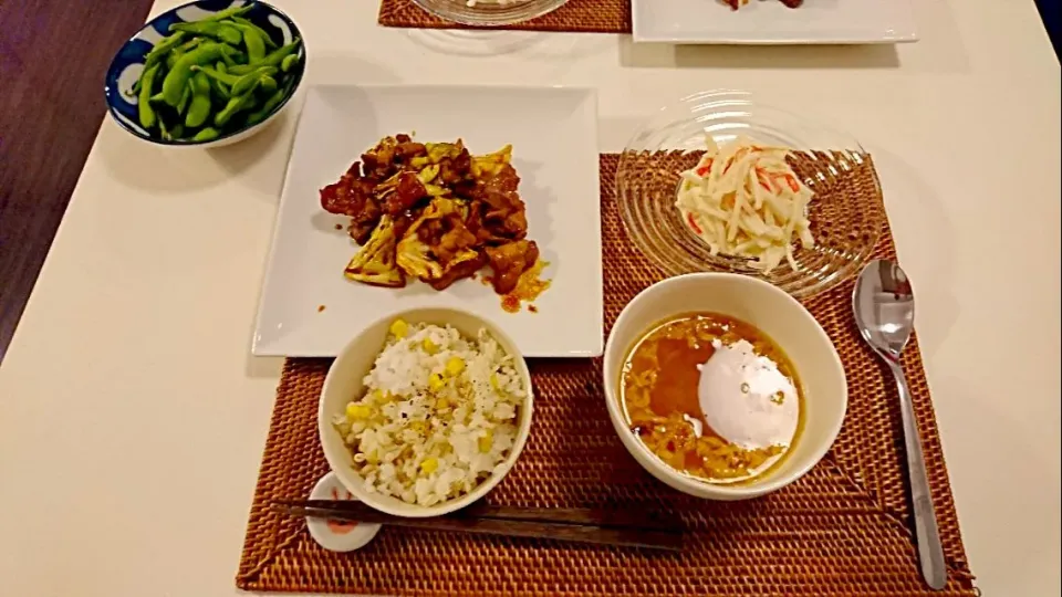 今日の夕食 回鍋肉、大根サラダ、コーンの炊き込みご飯、中華スープ|pinknari🐰🌈さん