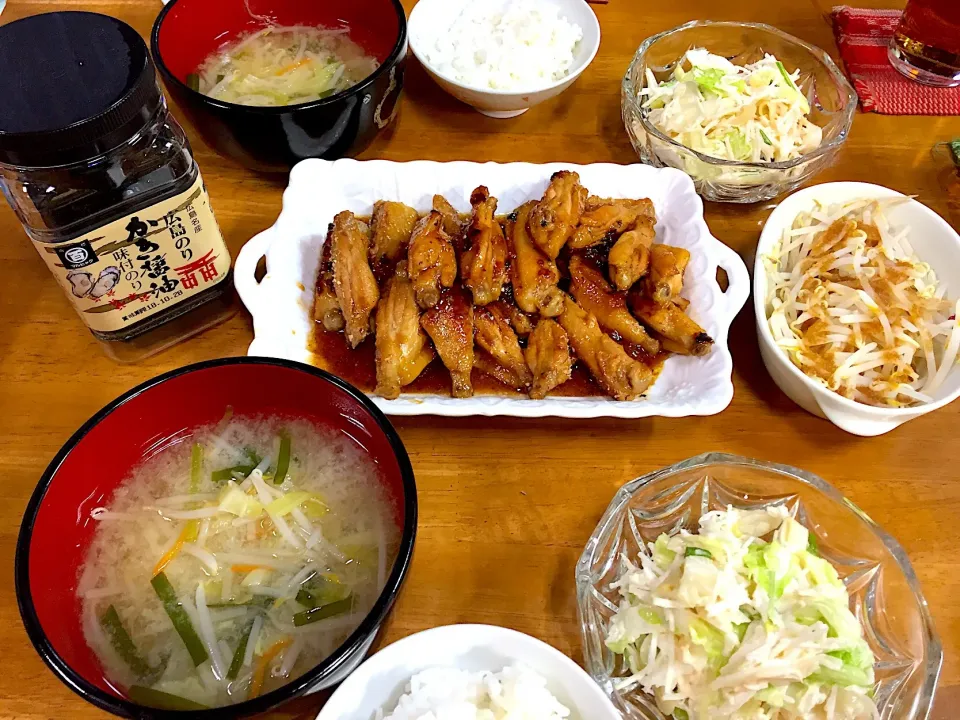 鶏手羽中の甘辛焼き、イカクンと大根のサラダ、野菜の味噌汁、蒸しもやし*\(^o^)/*|すかラインさん