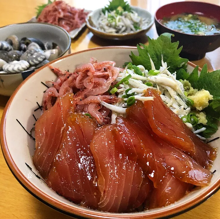 Snapdishの料理写真:静岡/焼津港産 トンボマグロ漬け桜えび太しらす丼|ガク魁‼︎男飯さん