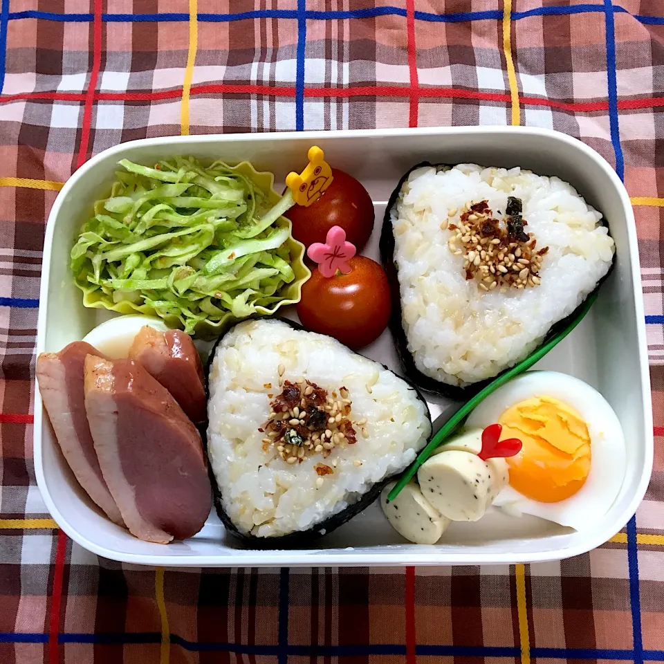 2/21
おにぎり🍙
キャベツとナッツのサラダ
ゆでタマゴ
鴨のロースト（市販）
キャンディチーズ
ミニトマト🍅|aichanさん