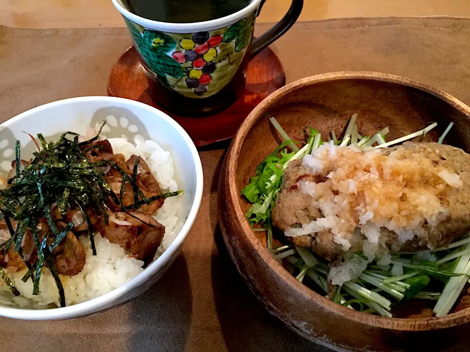 ミニ角煮飯おかか添え&おろし半おからハンバーグ|にゃふてんさん