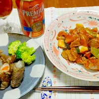 Snapdishの料理写真:牛バラ肉のゴボウ巻きと圧力鍋を使った砂肝のうま煮|あーうんさん