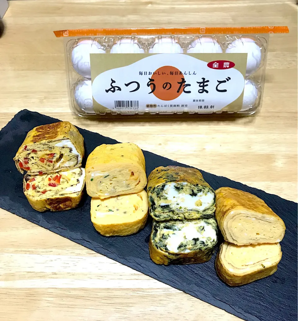 たまごをいただきました(*⁰▿⁰*)
たまご焼きをたくさん作ってみました(*^ω^*)
いろいろな味付け。お弁当が華やかになりそうです(๑>◡<๑)

 #全農ふつうのたまご  #たまごは１日2個食べて良い|コマツ菜さん