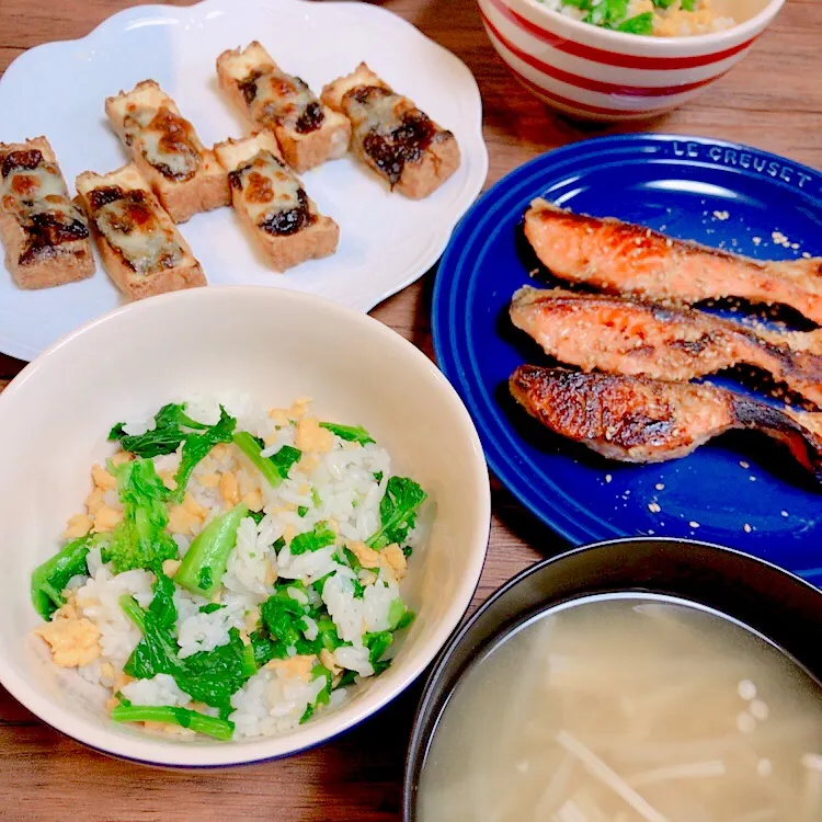 ●アッチさんの料理 菜の花ごはん
●えのきと大根のお味噌汁
●サーモンの味噌グルト焼き(レシピあり)
●厚揚げ海苔チーズ|もありーさん