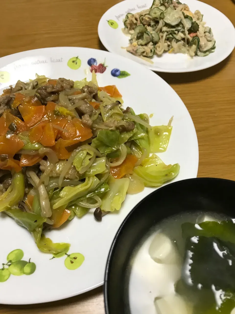 野菜炒め、パリパリきゅうりサラダ、味噌汁|たまきさん