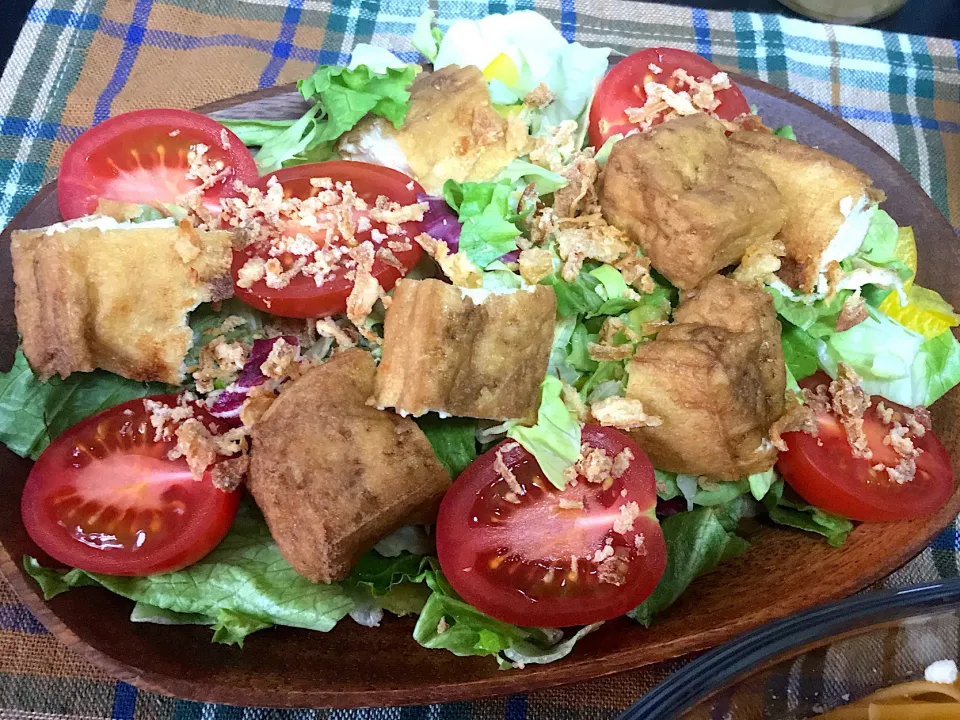 🍅サラダプラムとカリカリに焼いた厚揚げのせサラダ🥗フライドオニオンをかけて|yumyum😋さん