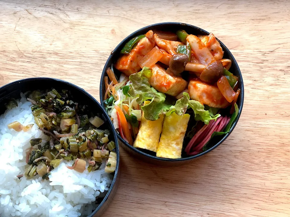 鶏のケチャップ炒め 弁当。蕪の葉ふりかけ付き|弁当 備忘録さん