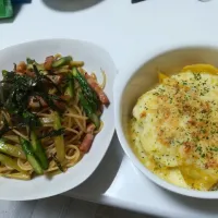 Snapdishの料理写真:和風パスタとジャガイモのグラタン風|りゅうじさん