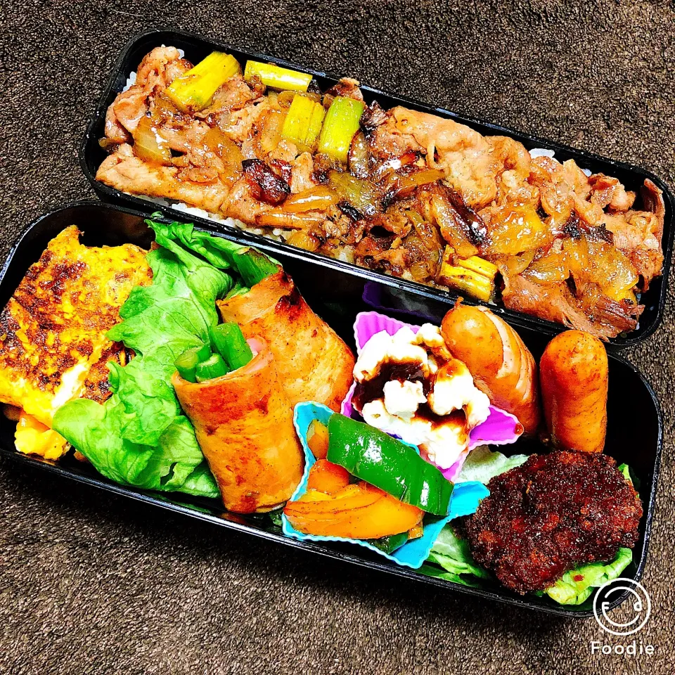 Snapdishの料理写真:生姜焼き弁当  #お弁当  #初心者  #ボリューム  #彼氏  #玉子焼き  #ポテトサラダ #ピーマンの炒め物 #生姜焼き #アスパラベーコン巻き|Erさん