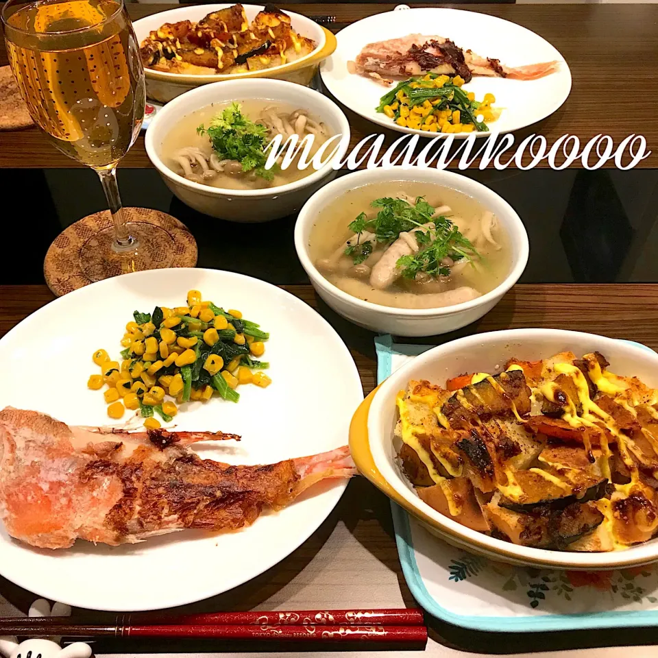 Snapdishの料理写真:パングラタン❤️赤魚の粕漬け❤️ほうれん草コーンバター❤️ソーセージスープ|マイコさん