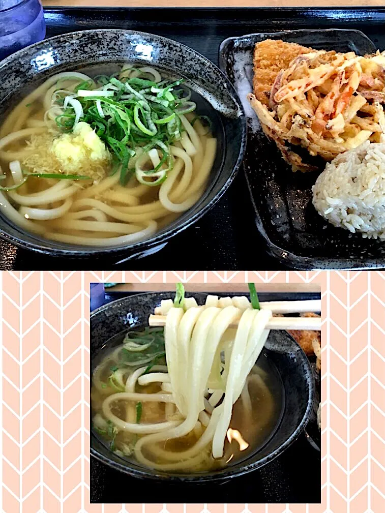 "とんがらし"の 讃岐うどん
#辛子屋さんのうどん
#かけうどん
#吉野鶏めし
#鯵フライ
#野菜かき揚げ|mottoさん