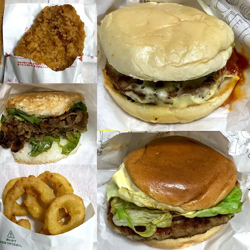 Snapdishの料理写真:スパイシーマルデピザ🍔
とびきりトマト＆レタス🍔
ライスバーガー焼肉🍔🍚
オニオンフライ🍟
モスチキン🍗|るみおんさん