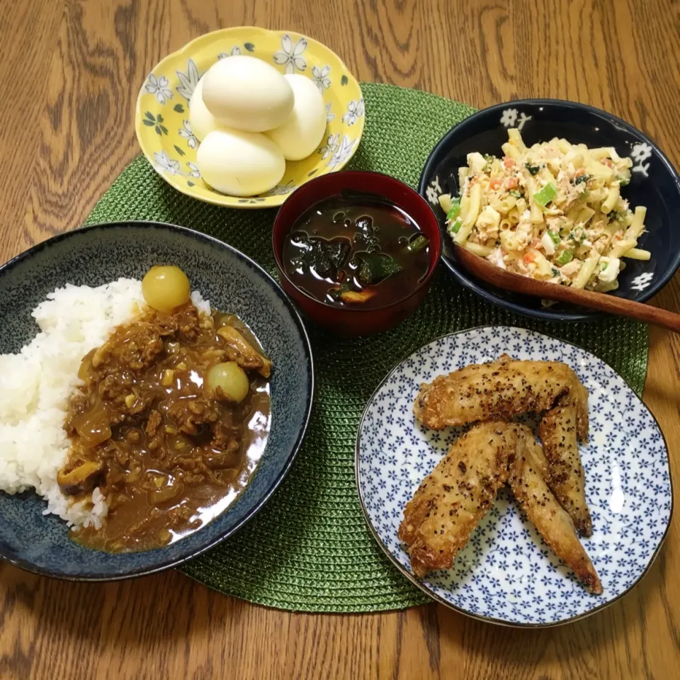 茹でタマゴ・マカロニサラダ・手羽先・ちくわとほうれん草のお味噌汁・カレーライス|美也子さん