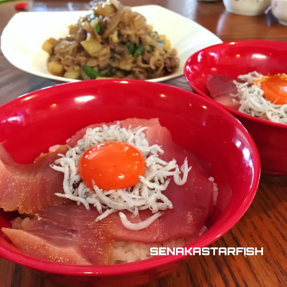 磨宝卵 中とろ漬丼 牛と白滝の煮物|愛さん